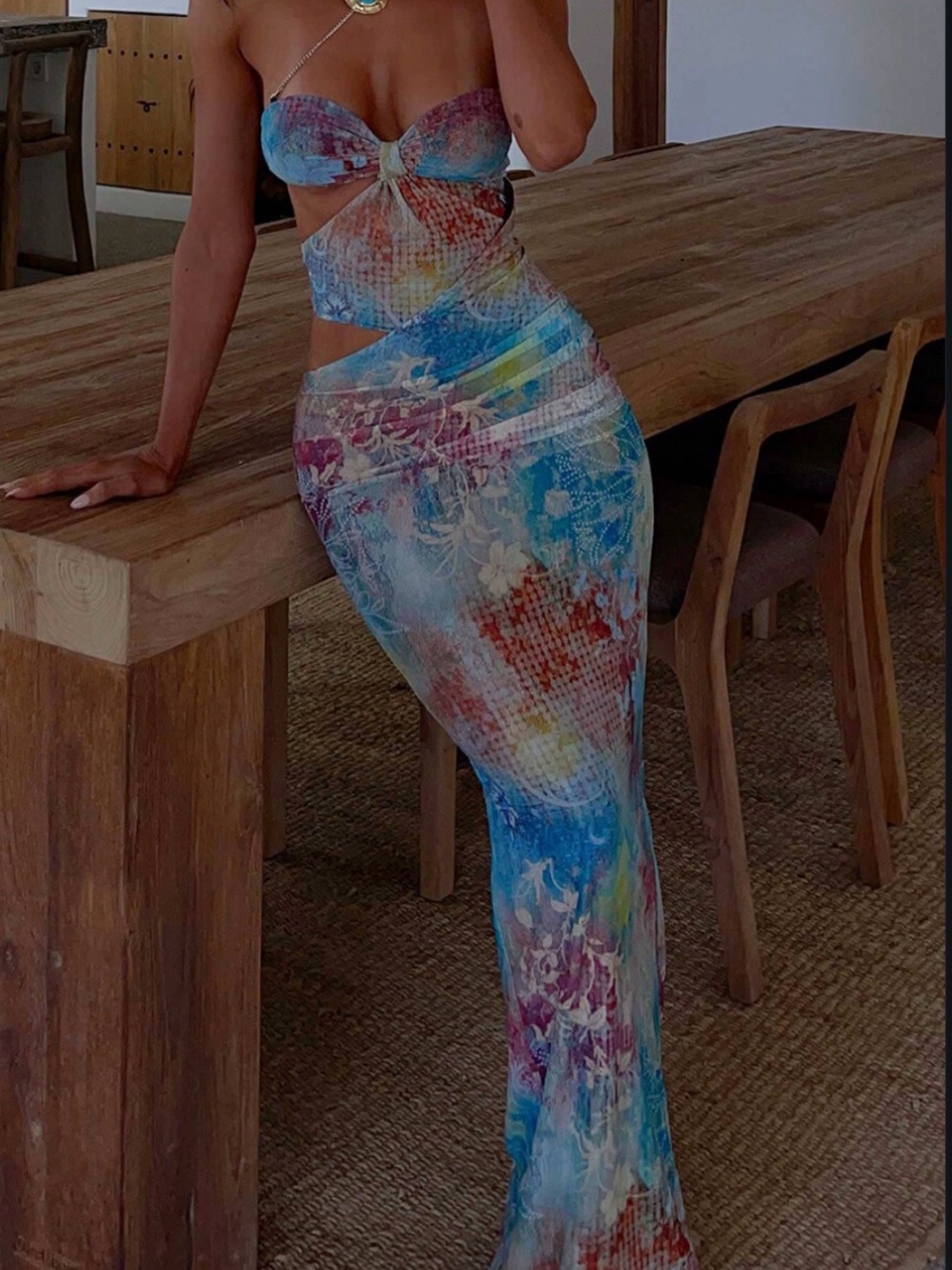 Floral Print Strapless Cutout Bodycon Maxi Dresses Blue